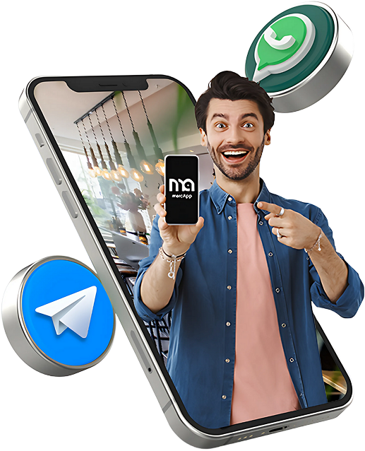 banner_img Hombre sonriente saliendo de un celular con el logo de Mercapp en la mano, acompañado de los íconos de WhatsApp y Telegram, representando la conexión digital con el comercio local.